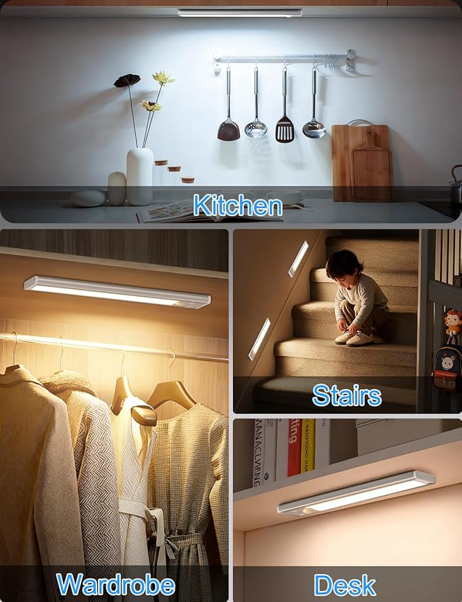 12in Under Cabinet Lighting with Charging Station, 2500mAh Rechargeable Wireless Motion Sensor Lights Indoor,Closet Lights with 3 Color Tempers, Battery Operated Cabinet Lights for Kitchen, 3-Pack
