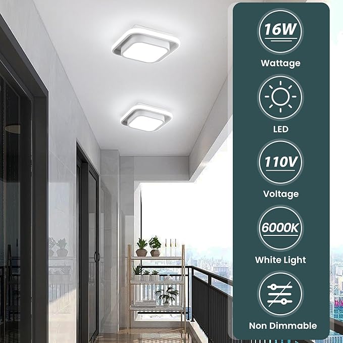12IN Modern LED Ceiling Light Fixtures, Cool Light Square 6000K Hallway Lights White Close to Ceiling Light for Kitchen Bedroom Balcony Bathroom Living Room