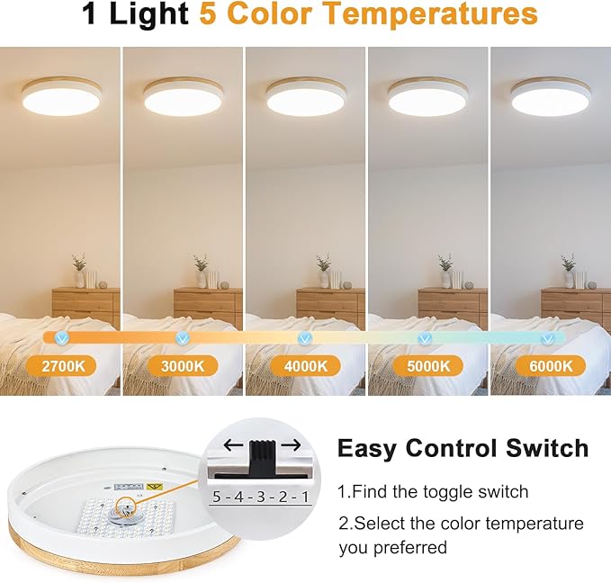 Modern Dimmable Wood Ceiling Light, White Round LED Flush Mount Ceiling Lighting Fixtures, Minimalist Ceiling Lamp for Kitchen Bedroom Laundry Room Living Room Entryway Hallway&15.74 in