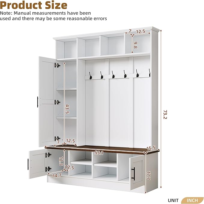 Versatile 3-in-1 Hall Tree with 6 Hooks, Farmhouse Walnut Storage Bench with Adjustable Shelves, 55" W Entryway Coat Rack with Multiple Storage Space for Mudroom, Living Room (White-7)