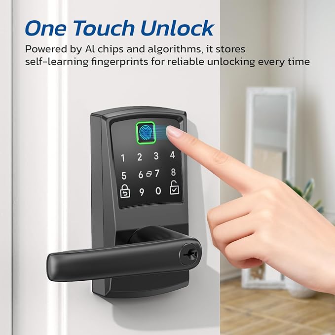 Keypad Smart Door Lock with Handle, Fingerprint Keyless Entry Digital Lock for Front Door,Nyboer Electronic Code Knob, Matte Black, Modern Style, Easy Installation,Deadbolt Alternative