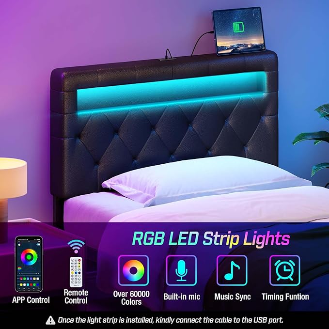 GREENSTELL Headboard for Twin Size Bed with 60,000 DIY Color of LED Light, USB & Type C Post, Attach Frame, Height Adjustable, Black Wall Mounted Head Boards Only, Sturdy & Stable, Comfortable, Twin