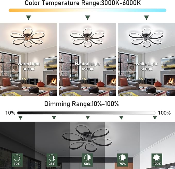 26inch Modern LED Ceiling Light, 6 Rings Flower Flush Mount Light Fixture with Remote Control Black Dimmable Ceiling Lamp for Living Room, Bedroom, Dining Room, Hallway, Kitchen