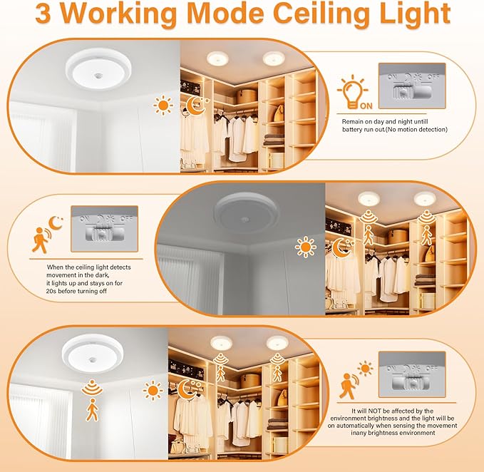 Battery Operated Motion Sensor Ceiling Light with Remote, 3 Color, Dimmable, Wireless LED Battery Powered Closet Light, for Closet Doorway Stairs Hallway Bathroom, 1 Packs(Battery Not Included)