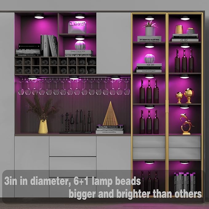 ILYXY LED Puck Lights with Remote, 6 Pack Under Cabinet Lighting, Battery Operated Push Light, Dimmable & Color Changing Tap Lights, Stick-On, Shiny Black