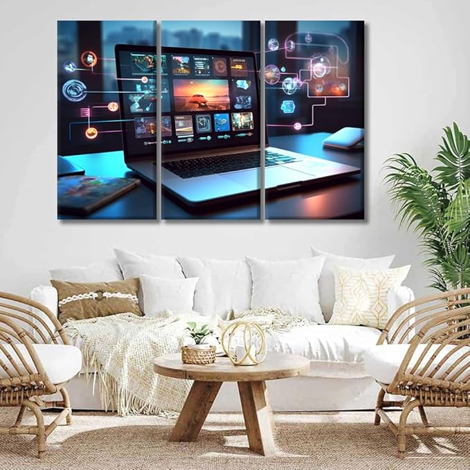 3 Panel Framed Wall Art Cloud Technology,Smart Home Picture Poster for Bedroom Living Room Wall Decoratio, Concept Art Gallery-Wrapped Ready to Hang 20x40inchx3
