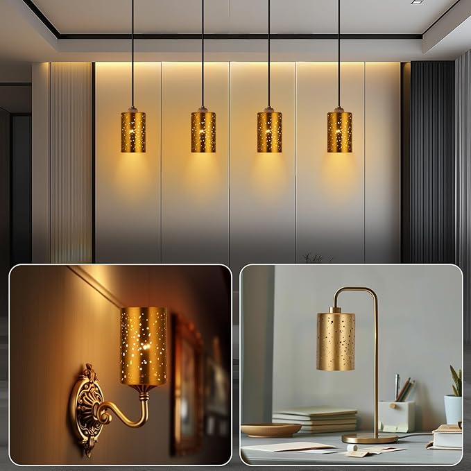 4 Pack Pendant Light Shades, Laser Starry Sky Design Cylinder Metal Lampshades with Electroplated Antique Brass Exterior Gold Interior, Lamp Shades 1-5/8 Inch Fitter, 3.5"Diameter x 5.5"Height