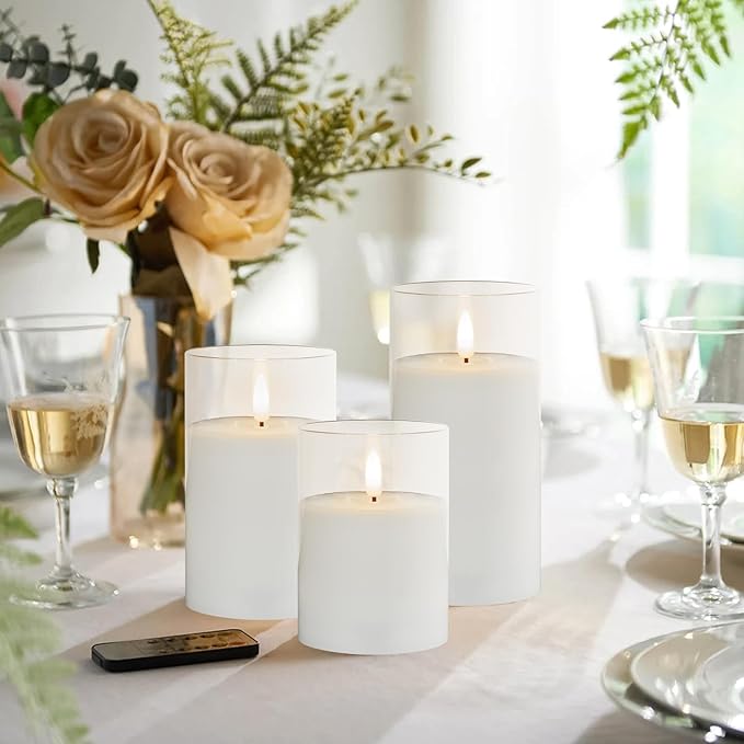 Mingfuxin Clear Glass Flickering Flameless Candles with Remote, White Wax Battery Operated LED Pillar Candle with Timer for Party Wedding Decoration, Set of 3
