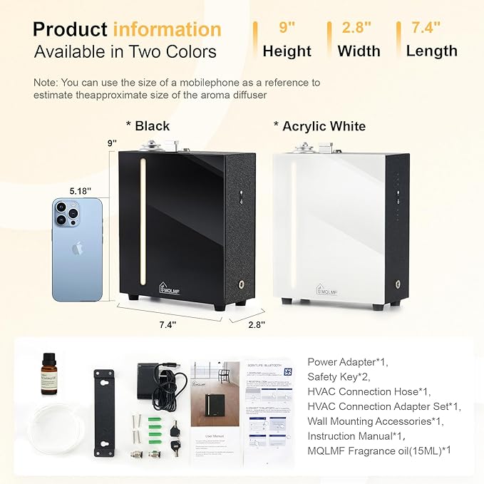 HVAC Diffuser Scent System - 3000 Sq Ft,WiFi & Bluetooth App Remote Control,Waterless,Quiet,Ambient Light,Metal,Commercial Hotel Collection Whole House Diffuser Machine - White