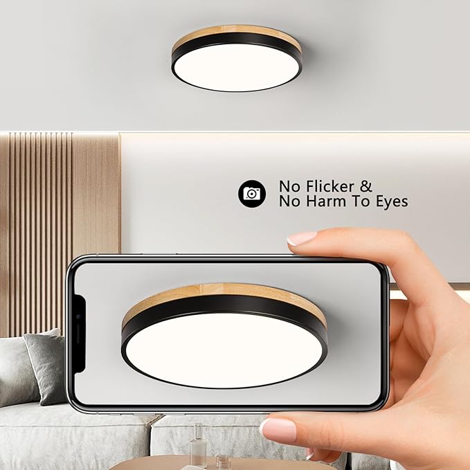 Round LED Flush Mount Ceiling Light, Modern Wood Ceiling Light, Minimalist Ceiling Lamp Black Ceiling Lighting Fixtures for Kitchen Bedroom Laundry Room Living Room Entryway Hallway&11.81 in