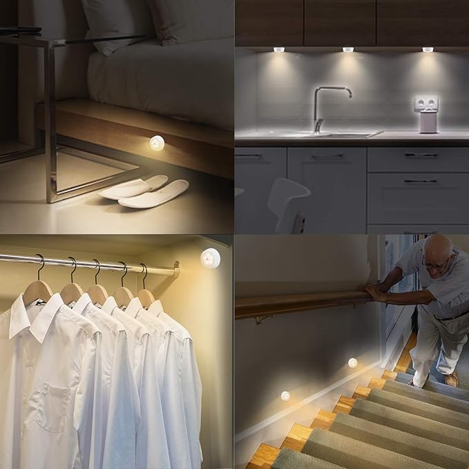 BIGLIGHT Battery Operated Motion Sensor Closet Lights, Wireless Puck Lights, Push Light, Tap Light, Stick on LED Night Light for Under Cabinet Counter Stairs Shelf Safe Pantry, 3.15 Inches, 4 Pack