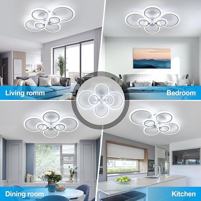 DELIPOP Modern Ceiling Light, White 6 Rings Flush Mount Ceiling Light, 31 Inch 6500K Cool White Led Chandelier Lighting for Bedroom, Living Room, Kitchen, Dining Room