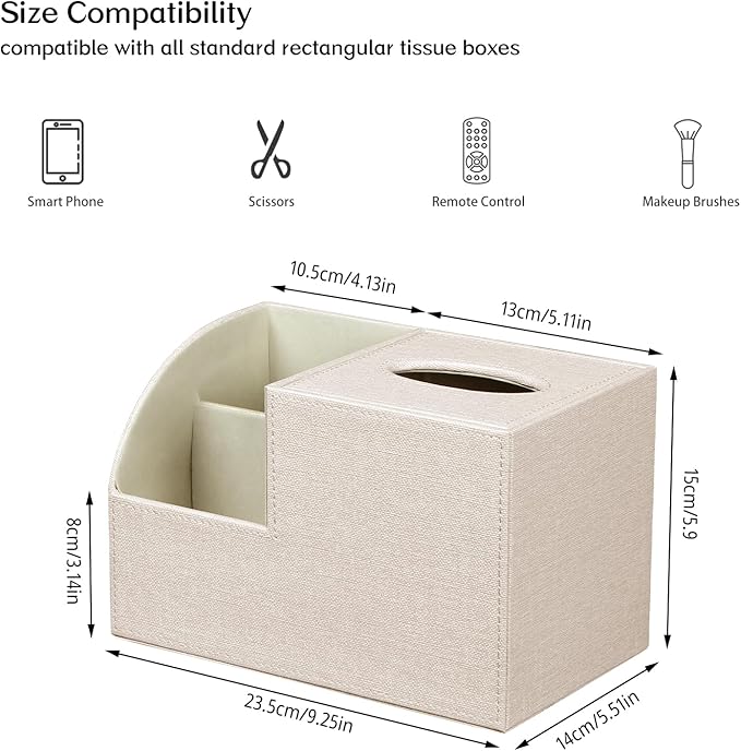 Fanousy Square Tissue Box Cover with Storage, PU Leather Cube Tissue Box Holder, Remote Control Nightstand Organizer, Modern Desk Caddy for End Table, Bathroom, Bedroom, Home, Office Decor