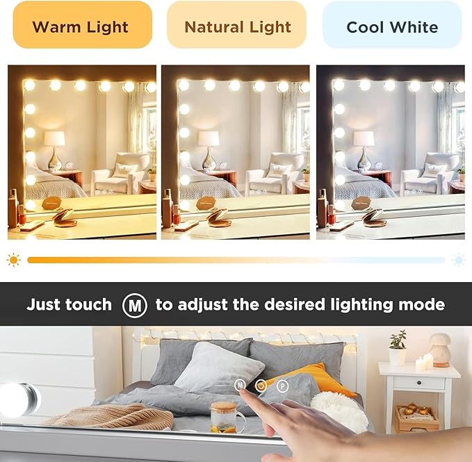 Vanity Mirror with Lights -17 Bulbs, 25" x 21" Large Hollywood Vanity Mirror, 10X Magnifying, 3 Colors Modes, Touch Control Mirror with Lights, Tabletop or Wall-Mounted, USB Charging Port
