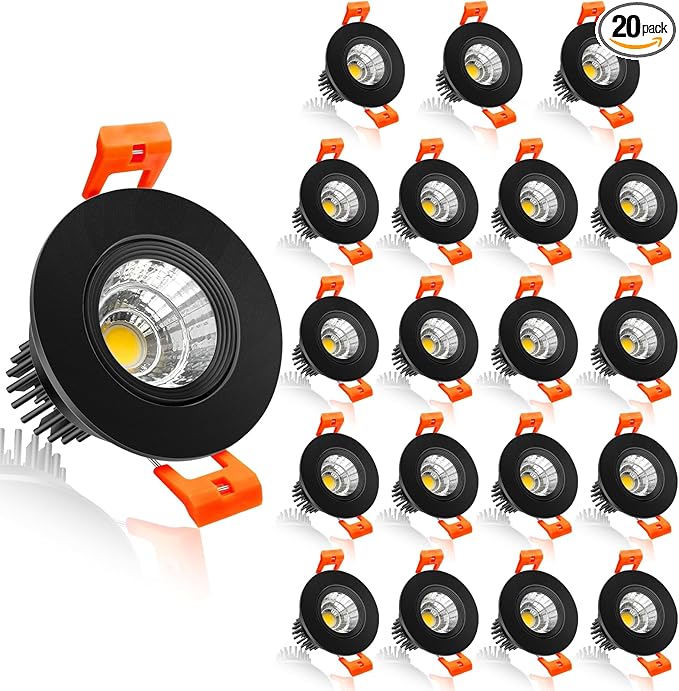 inShareplus 2 Inch LED Downlight, 3W Recessed Lighting 220LM COB Dimmable, 5000K Daylight White, CRI80, Black Trim, Ceiling Lights with LED Driver, 20 Pack