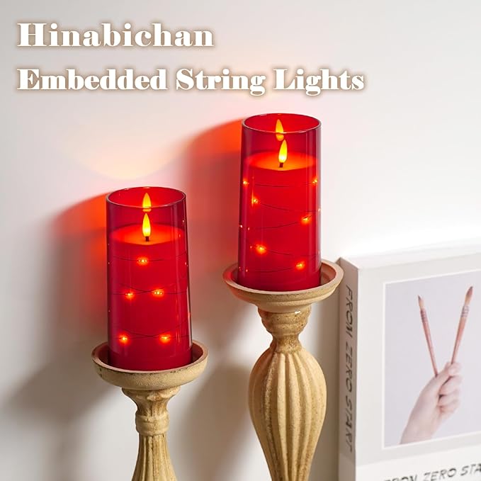 Flickering Flameless Candles with Remote Timer, 6pcs LED Battery Operated Candles with Embedded String Lights Red, Same Size D3 H6