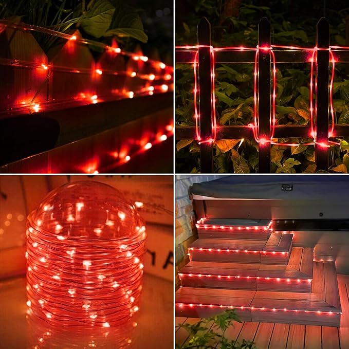 Solar Rope Lights, 2 Packs Total 132ft 400LED Solar String Lights, 8 Modes Waterproof Solar Powered Outdoor Light, Flexible Clear Tube Light for Garden Backyard Patio Deck Porch Tree Xmas Decor - Red