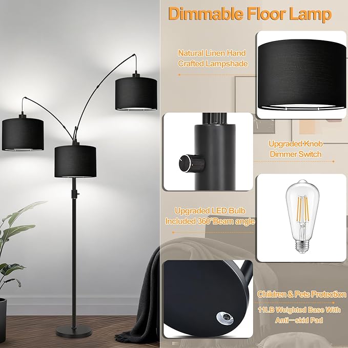 Dimmable Floor Lamp - 3 Lights Arc Floor Lamps for Living Room,Modern Tall Standing Tree Lamp with Black Linen Shade & Heavy Base,Mid Century Floor Lamp for Bedroom Corner Office, 3 LED Bulbs Included