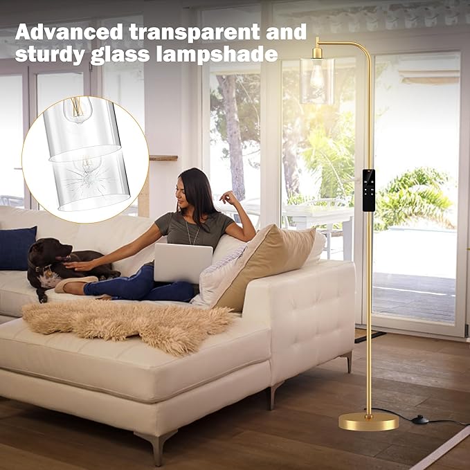 Industrial Floor Lamp with Glass Shade, Modern Dimmable Floor lamp with Remote LED Bulbs, Tall Lamp for Living Room Corner, Bedroom, Office (Gold)