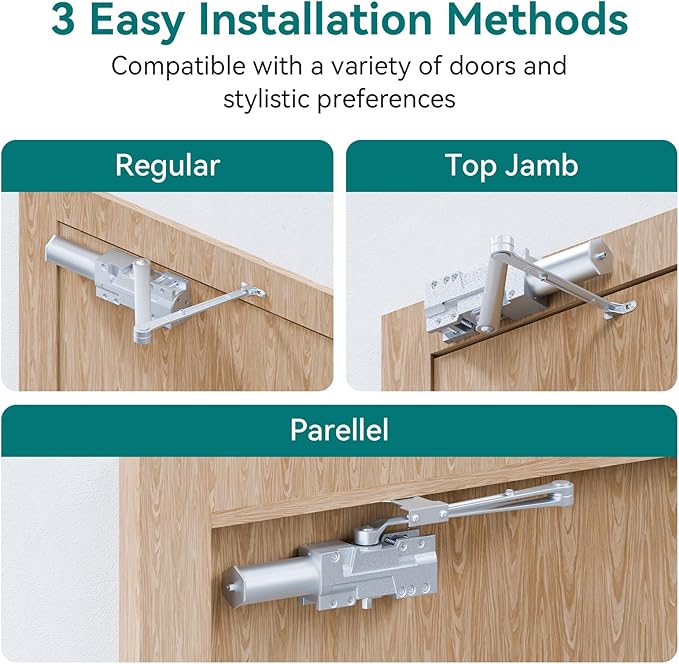 Automatic Door Closer, Adjustable Self Closing, Backcheck, Delayed, ADA Compliant, UL 3 Hour Fire Rated, Grade 1 Extra Heavy Duty, 2 Million Cycles, Residential & Commercial, Sliver Aluminum