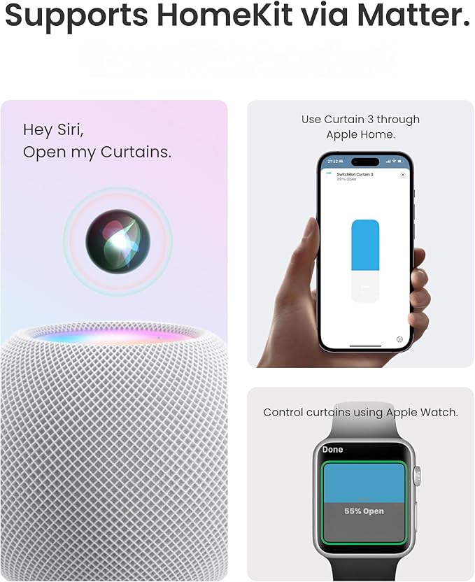 SwitchBot Automatic Curtain Opener - Bluetooth Remote Control Smart Curtain with App/Timer, Upgraded High-Performance Motor, Add SwitchBot Hub to Work with Alexa, Google Home, HomeKit