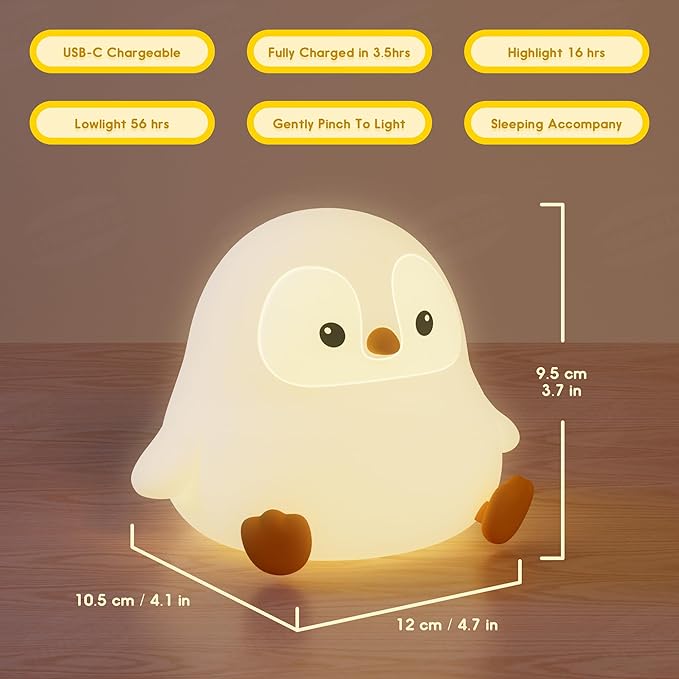 UNEEDE Sitting Penguin Night Light Silicone Touch Lamp, USB Rechargeable, Dimmable Nursery Light & Decoration, Squishy Night Light Cute Animal Lamp
