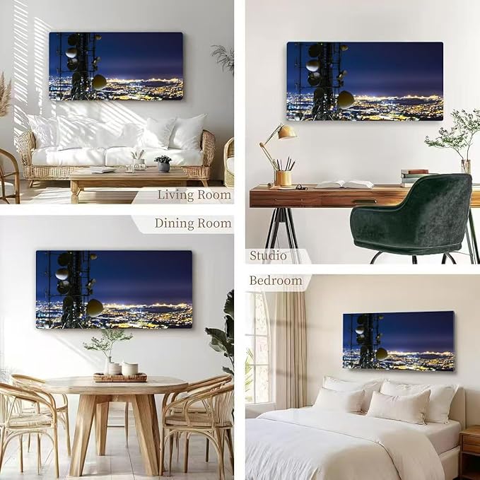 Wibinuki Wall Art Wall Decor Wall Paintings Telecommunicions tower, antenna and sellite dish and city night for Living Room Bedroom Bathroom Home Decor Can Be Hung Directly 20"x 40"