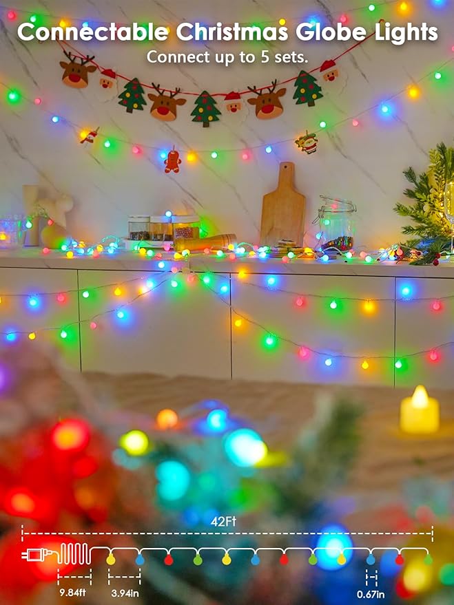 2026 New Connectable 43FT Smart Voice Controlled String Lights Indoor Outdoor | 100LED Multicolor Globe Fairy Lights with Remote, 12 Modes Waterproof Hanging Light for Bedroom Classroom Decorations