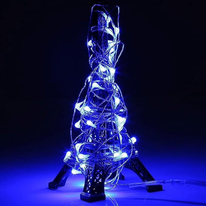 RUICHEN Silver Wire Fairy Lights Plug in 33 Ft 100 LED String with Spool, Blue