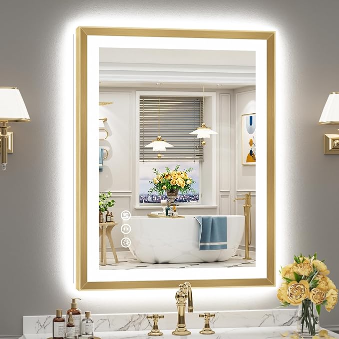 28x36 Gold Beveled LED Bathroom Mirror with Lights, Brushed Gold Framed Backlit and Front Lit Anti-Fog Lighted Vanity Mirrors for Bathroom Wall, Dimmable, 3 Colors, Memory, HD Tempered Glass