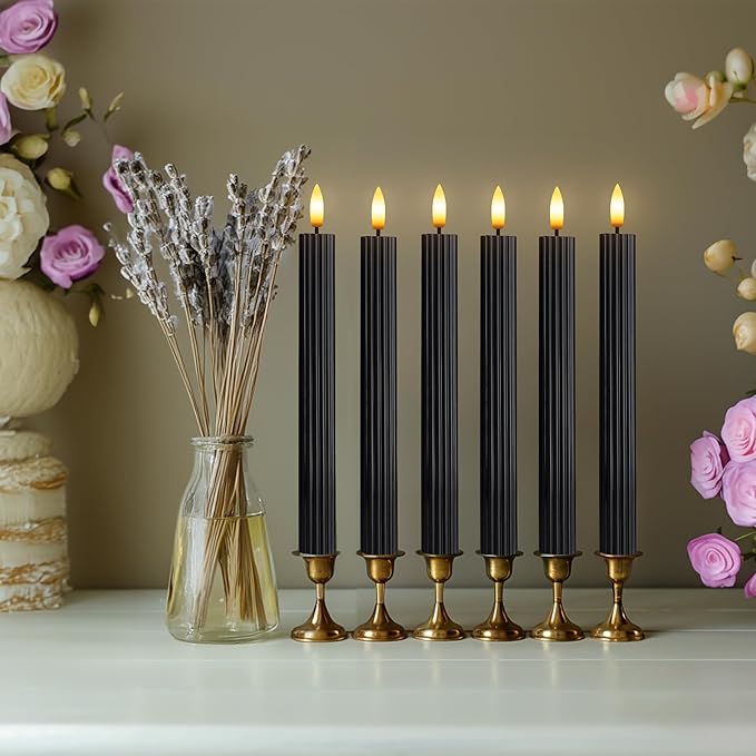 6 Pack, 10" LED Flameless Black Fluted Ribbed Grooved Taper Candles, Remote & 24h Timer Memory, On/Off Button, Dimmable, Flicker Mode, Battery Operated, Christmas Menorah Wedding