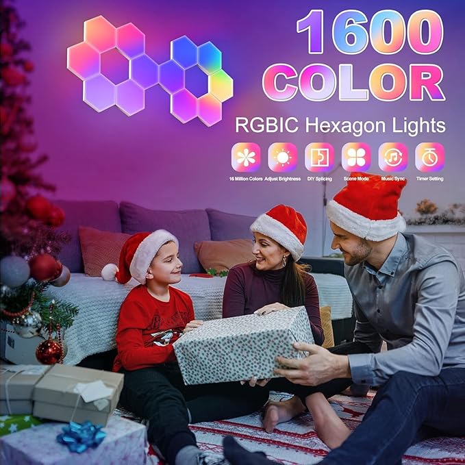 Hexagon LED Lights 6 Pack, Smart RGB Wall Decor with APP/Voice Control, Music Sync, DIY Modular Honeycomb Lights for Gaming Room, Bedroom, Home Theater Wall Decor