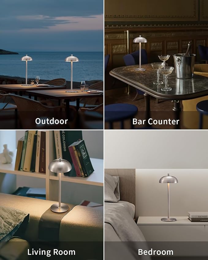 Cordless LED 12" Small Table Lamps Set of 2, Modern Portable Desk Lamp, 3 Color Dimming Rechargeable Battery Lights, for Bedroom, Outdoor, Restaurant, Bedside, Baby Night Light, Gifts (Nickel)