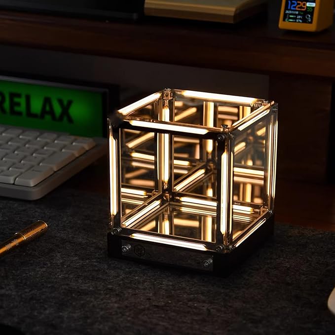 4D Mirror Cube Lamp, Touch Control Bedside Lamp with Dimmable LED, Rechargeable USB-C Night Light for Bedroom, Desk, Gaming Setup (2000mAh) (Gold)
