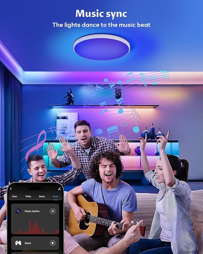 Smart LED Ceiling Light WiFi, 12inch RGB Flush Mount Ceiling Light Fixture, 16 Million DIY Colors, Compatible with Alexa Google Home, 3000K-6500K Ceiling Lights for Bedroom Living Room
