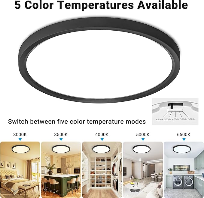 2 Pack LED Flush Mount Ceiling Light,12Inch 24W,3000K/3500K/4000K/5000K/6500K 5 Color Temperatures Ceiling Light Fixture for Kitchen Porch Hallway Bedroom Bathroom and Closet,Black