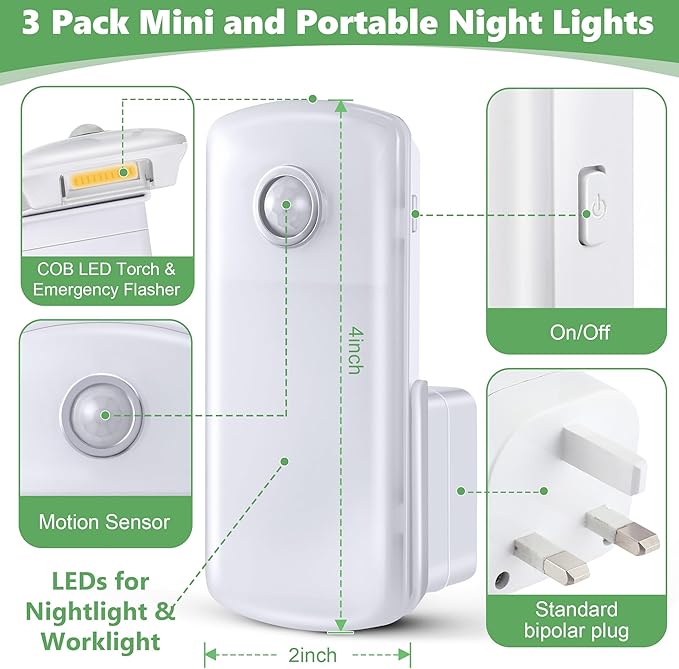 Enhon 3 Pack Emergency Power Failure Night Lights, Motion Sensor Night Light, Automatic Dusk to Dawn, Emergency Lights for Home, Bedrooms, Hallways, Black Outs, Rechargeable