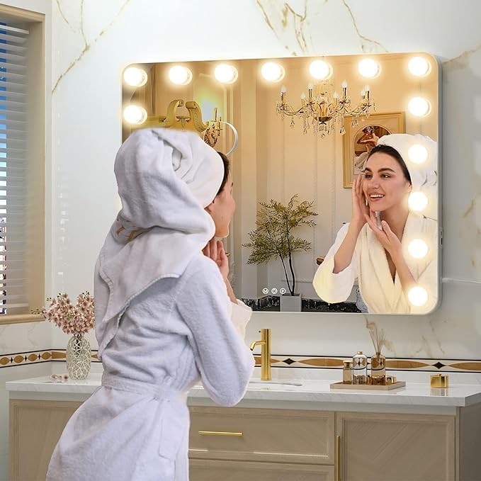 Hasipu Vanity Mirror with Lights, 32" x 24" Hollywood Mirror, Makeup Mirror with 17 Dimmable Bulbs and 10X Magnification, 3 Colors Modes, Touch Control, USB Charging Port, Type-C (Round White)
