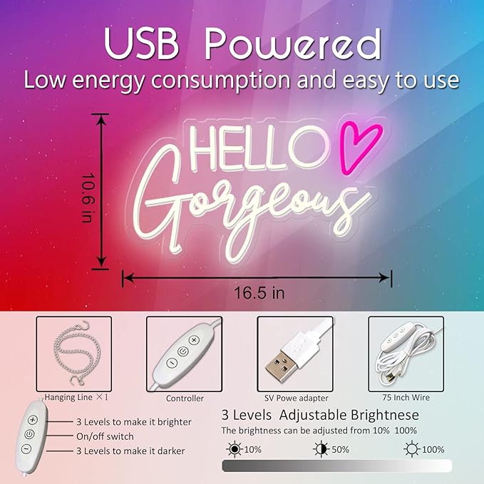 Hello Gorgeous Neon Sign Reusable Warm White USB LED Neon Lights for Home Wedding Birthday Backdrop Bacelorette Party Decor Room with Dimmable Switch(5V,16.5X10.6inches)