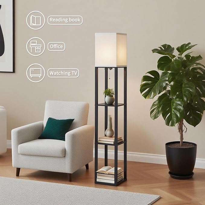 Floor Lamp with Shelves, Modern Square Shelf Lamp for Living Room, Corner Display Standing Lamp, Tall Lamp with White Shade for Bedroom, Office, Home Decor (Black)