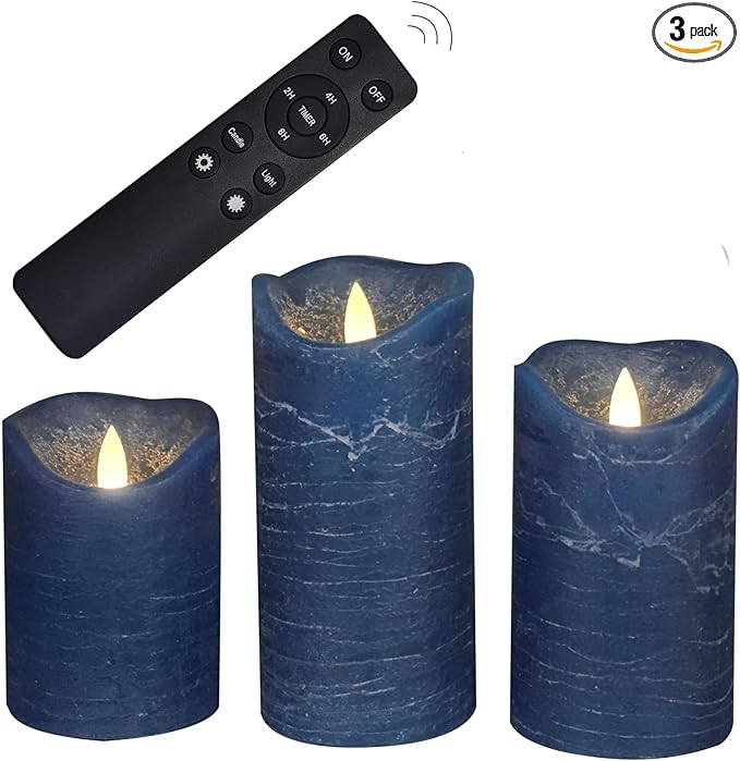 CANDLE CHOICE Real Wax Battery Operated Flameless Candles with Remote Automatic Cycle Timer Realistic Flickering Electric LED Pillars Wedding Party Holiday Decorations 3 Pack Rustic Texture Navy Blue