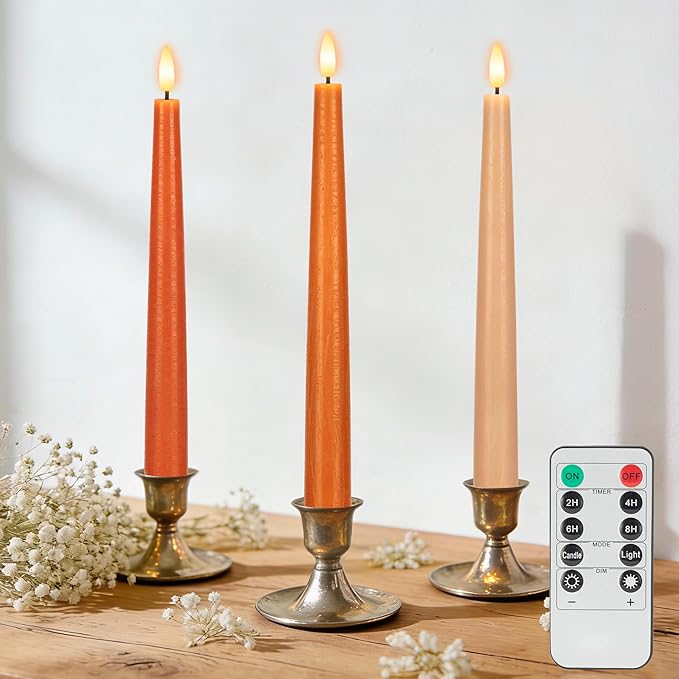 Flameless Taper Candles with Remote, 9.6" Battery Operated Flickering LED Candlesticks, Real Wax Warm Earth Tone Taper Candles for Wedding Centerpieces, Dinner Table, Mantel, Window, 3 Pack