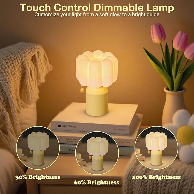 Mini Night Light for Bedroom, Flower Silicone Night Light with 30min Timer, Touch Control Dimmable Lamp with 3 Brightness Levels, LED Rechargeable Nightlight, Cute Bedside Lamp for Kids Gifts (Yellow)