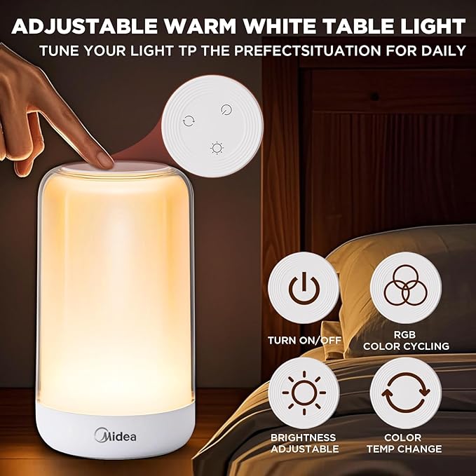 Midea 16 Colors RGB Touch Lamps, 1200mah Rechargeable Night Light, Dimmable Bedside Nursery Lamp, Baby-Safe Material, Portable Hanging Mini Lamp for Bedroom, Travel, Camping Mood Lamp