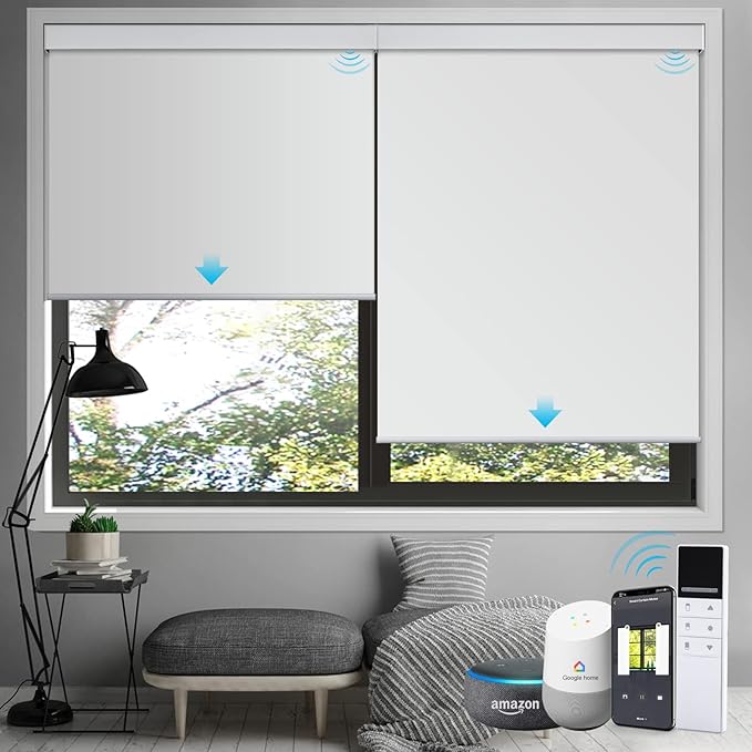 ACMEART Motorized Blackout Blinds Shades for Windows,Rechargeable Electric Roller Shades with Remote,Smart Blinds Work with Solar Panels for Home and Office,Custom Size(White)