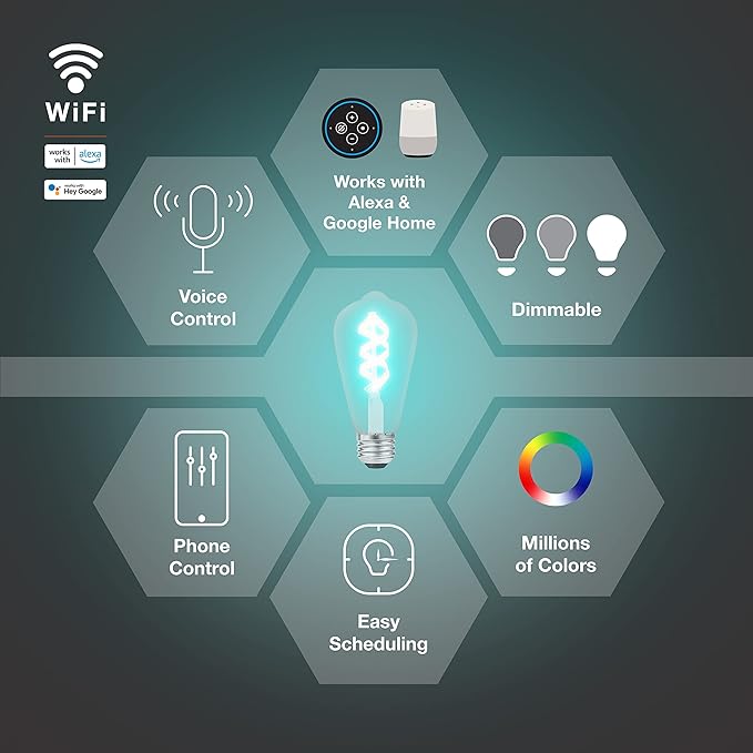 Sylvania WiFi LED Smart ST19 RGBW Color and Amber Finish Filament Light Bulb, 7W Efficient, for Alexa/Google Assistant, 2000K, No Hub Required, Clear - 1 Pack (75809)