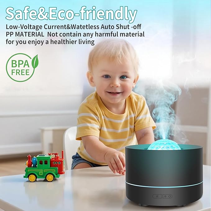 Essential Oil Diffuser, Fire Flame Aromatherapy Diffuser with 7 Colours LED Projection, 200ml Cool Mist Humidifier, Oil Diffuser with Auto-Off Protection for Home,Bedroom,Office,or Spa (Black)