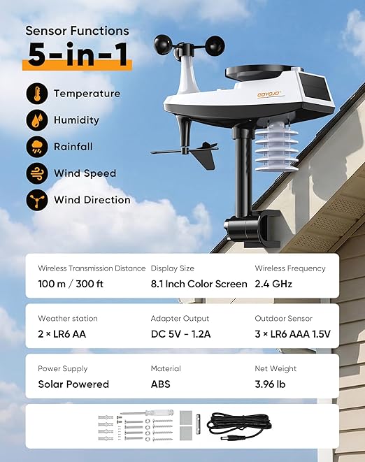Wireless Weather Station with Color LCD Display, Temperature, Humidity, Wind Speed, Rainfall, 7 Languages, USB Charging, 3-Channel Sensors, 433.92MHz Signal (No WiFi)