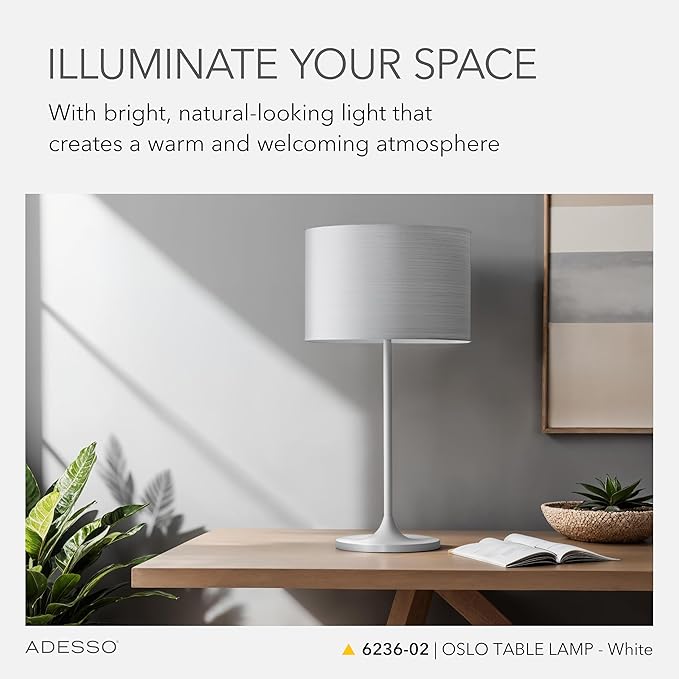 Adesso Table Lamp with Scratch Proof and Corrosion Resistant Body - Perfect Lighting for Bedroom and Living Room Decor, Matte White