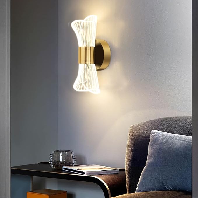 Chrasy Modern LED Wall Lamp, Golden Color Hourglass Shaped Acrylic Wall Sconce, 10W Acrylic Wall Light for Bedside Bedroom Living Room Hallway Wall Lighting 3 Color Temp Adjustable